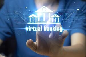 digital Bank virtuell Bank uppkopplad bank och digital pengar mänskligt vändande digital virtuell bank på decentraliserad bank och finansiera data nätverk, fintech, cyber säkerhet foto