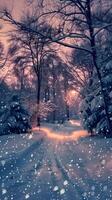 ai genererad tyst snöig kväll värld tyst och sömnig foto