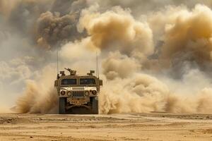 ai genererad militär armerad fordon i de öken, damm och rök runt om foto