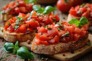 ai genererad bruschetta italiensk mat professionell reklam mat fotografi foto