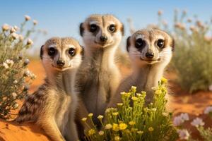 ai genererad imponerande meerkat familj navigerande genom vibrerande afrikansk safari landskap foto