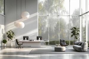 ai genererad en minimalistiskt inspirerad kontor interiör, terar minimalistisk arbetsstationer foto