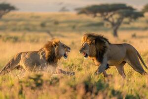 ai genererad två manlig lejon är stridande i de savann safari.generativ ai foto