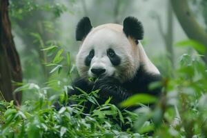 ai genererad söt jätte panda äter bambu.generativ ai foto