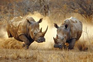 ai genererad två noshörning stridande i safarigenerativ ai foto