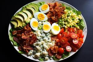 ai genererad en klassisk cobb sallad med bacon, ägg, och blå ost smulas sönder. generativ ai foto