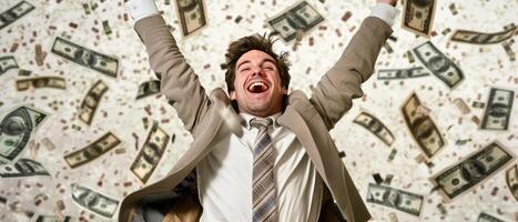 ai genererad en euforisk affärsman fira finansiell Framgång som han är duschad med pengar. foto