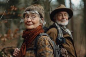 ai genererad aktiva pensionär. senior resenärer i skog på Semester. vandring i bergen foto