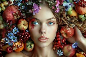 ai genererad en porträtt av en skön kvinna med blå ögon omgiven förbi en nyckfull virvla runt av färsk frukt och färgrik blommor. foto