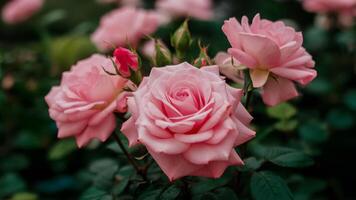 ai genererad rosa ro blomstrande i sommar trädgård, natur blomma konst foto