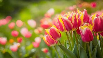 ai genererad fängslande bokeh förstärker ljus vår tulpaner i blommig bakgrund foto