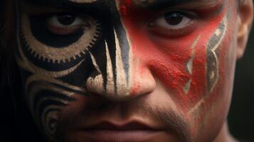 ai genererad maori man med målad ansikte ser på kamera. stänga upp porträtt foto