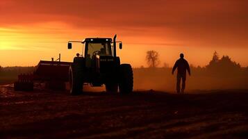 ai genererad lantlig landskap med en arbetssätt traktor på de åker.jordbruk landa årligen kultiverad gröda perenn gräs foto