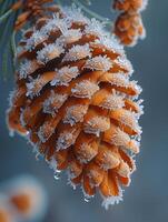 ai genererad makro skott av frost på en tall kon foto