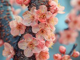 ai genererad blomning körsbär blommar mot blå himmel idealisk för vår och blommig teman. grov bark textur av ett gammal träd foto