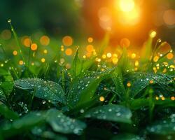 ai genererad närbild av daggig gräs gnistrande i de morgon- Sol foto