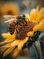 ai genererad närbild av en bi på en solros representerar natur foto