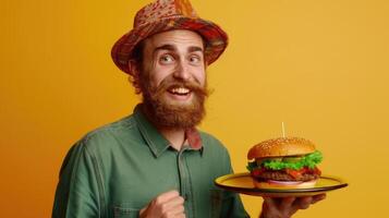ai genererad Lycklig rödhårig ung man med en skägg i en hatt innehav i ett hand en tallrik med en burger och leende. vibrerande färgad snabb mat fotografi med fast bakgrund foto