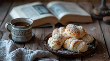 ai genererad bakverk croissant på en rustik trä- tabell med en kopp av kaffe och en bok i de bakgrund foto