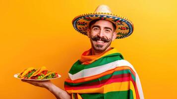 ai genererad Lycklig mexikansk man med en mustasch i en traditionell kostym bär en sombrero och serapes innehar en tallrik av tacos i ett hand på fast bakgrund. vibrerande Färg. positiv känsla. mat foto