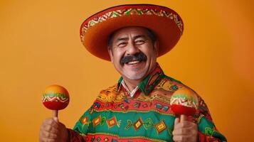 ai genererad leende medelålders mexikansk man med färgrik maracas och sombrero foto