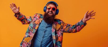 ai genererad positiv Lycklig man med skägg bär hörlurar lyssnar till musik dans och flygande foto