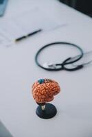 läkare förklara hjärna funktioner till patient på modell i kontor. foto