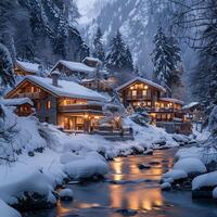 ai genererad traditionell swiss chalet mitt i snöig alps erbjudande mysigt reträtt foto