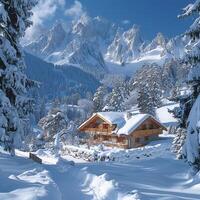 ai genererad traditionell swiss chalet mitt i snöig alps erbjudande mysigt reträtt foto