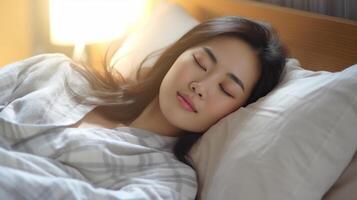 ai genererad ung asiatisk kvinna sovande väl i säng. foto