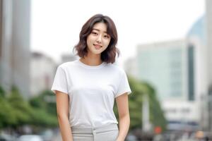 ai genererad porträtt av en skön asiatisk kvinna i vit t-shirt. foto