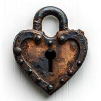 ai genererad hjärta formad låsa isolerat på vit bakgrund med skugga. rustik och gammal hjärta formad låsa. gammal nyckel låsa foto