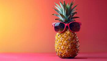 ai genererad ananas med glasögon isolerat på rosa bakgrund. tropisk ananas frukt på enkel bakgrund som begrepp för sommartid foto