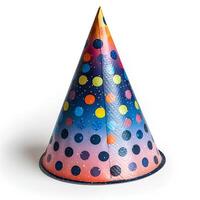 ai genererad fest hatt isolerat på vit bakgrund med skugga. färgrik fest hatt för födelsedag parter och firande. roligt fest hatt med abstrakt dekorationer foto