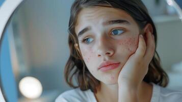 ai genererad Tonårs flicka ha acne problem , ansiktsbehandling hud problem . foto