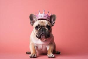 ai genererad franska bulldogg valp bär rosa prinsessa krona på henne huvud, Sammanträde i Centrum av persika fast bakgrund. kunglig ras, drottning hund. mode skönhet för sällskapsdjur. foto