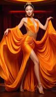 ai genererad de skön ung kvinna bär ett orange klänning, stående på en skede och Framställ för en bild., generativ ai foto