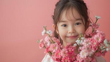 ai genererad liten flicka med en bukett av rosa blommor på pastell rosa bakgrund foto