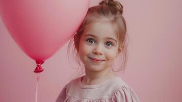 ai genererad liten flicka kramas rosa ballong på pastell rosa bakgrund foto