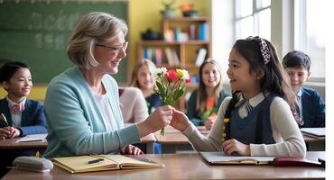 ai genererad barn och pedagog minnesmärke lärare uppskattning dag. ai genererad foto