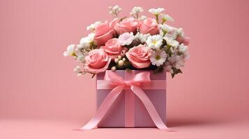 ai genererad festlig rosa låda med en bukett av blommor på en rosa bakgrund. begrepp för födelsedag och mors dag foto