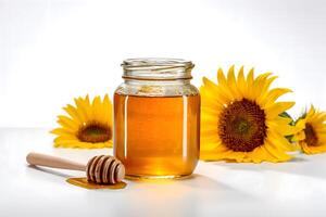 ai genererad naturlig honung tillverkad från solros på en vit bakgrund. 100 eco produkt foto