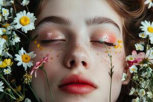 ai genererad kvinna liggande i fält av blommor med ögon stängd foto