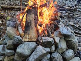 lågor av trä brand i de campingplats i sten brand grop i de skogar av Washington stat med en skön glöd och rök foto