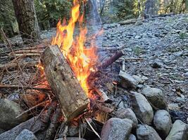 lågor av trä brand i de campingplats i sten brand grop i de skogar av Washington stat med en skön glöd och rök foto