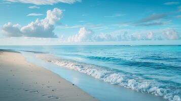 ai genererad skön strand scen med blå himmel och fluffig moln, idealisk för resa broschyrer, semester destinationer, eller avslappning tema mönster. foto