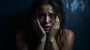 ai genererad ung kvinna i förtvivlan med tårfylld ögon och händer på henne ansikte mot en mörk bakgrund. begrepp av emotionell kaos och mental hälsa. foto