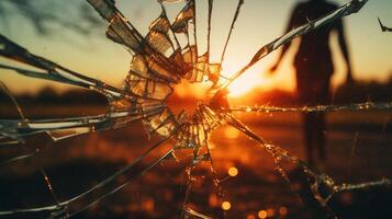ai genererad bruten relation begrepp. krossade glas med gyllene solnedgång och silhuett av en person gående bort. trasighet och farväl. foto