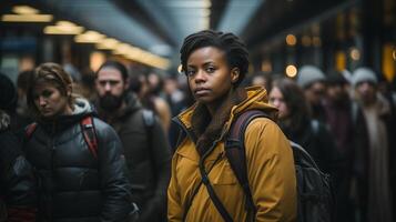 ai genererad ledsen kvinna på tåg station med allvarlig uttryck, folkmassan i bakgrund. dagligen pendla och urban livsstil metro problem begrepp. foto