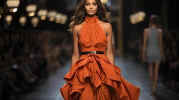 ai genererad mode modell i strömmande orange klänning gående på catwalk under mode vecka, suddig publik i bakgrund. haute couture och lyx mode begrepp. design för mode redaktionell. foto